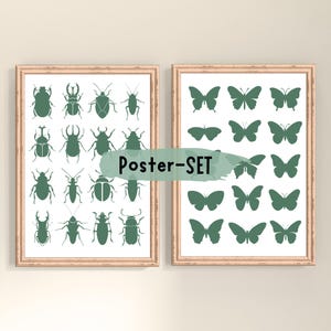 Pode incluir: Dois cartazes emoldurados com molduras de madeira clara. O cartaz da esquerda exibe dezasseis silhuetas de insetos verde-escuro sobre fundo branco. O da direita apresenta doze silhuetas de borboletas verde-escuro sobre fundo branco. Texto: Poster-SET.