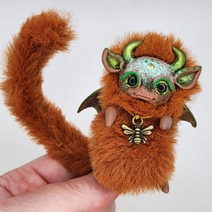 Handmade Brown Dragon, Fantasy Miniature Dragon, Polymer Clay Collectible Item with Faux Fur, Charming Gift for Dragon Lovers