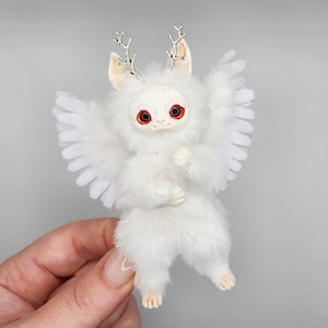 Handmade White Rabbit Miniature: Faux Fur Jackalope Collectible