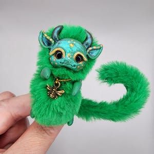 Handmade Green Dragon, Fantasy Miniature Dragon, Polymer Clay Collectible Item with Faux Fur, Charming Gift for Dragon Lovers