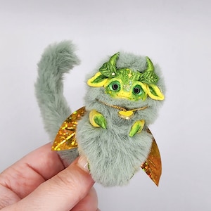 Handmade Green Dragon, Fantasy Miniature Dragon, Polymer Clay Collectible Item with Faux Fur, Charming Gift for Dragon Lovers