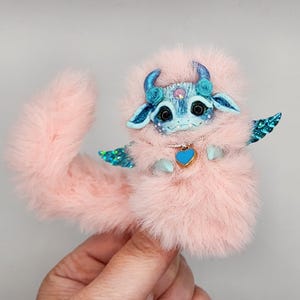 Handmade pink Dragon, Fantasy Miniature Dragon, Polymer Clay Collectible Item with Faux Fur, Charming Gift for Dragon Lovers