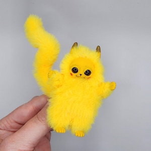 Handmade Pikachu, Fantasy Miniature Pikachu, Polymer Clay Collectible Item with Faux Fur, Charming Gift for Pikachu Lovers