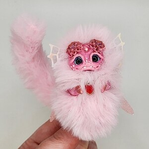 Handmade Pink Dragon, Fantasy Miniature Dragon, Polymer Clay Collectible Item with Faux Fur, Charming Gift for Dragon Lovers