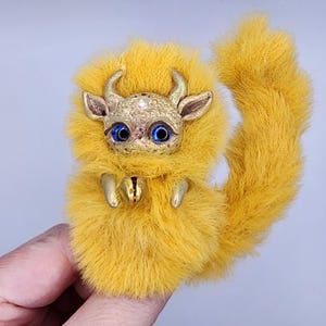 Handmade yellow Dragon, Fantasy Miniature Dragon, Polymer Clay Collectible Item with Faux Fur, Charming Gift for Dragon Lovers