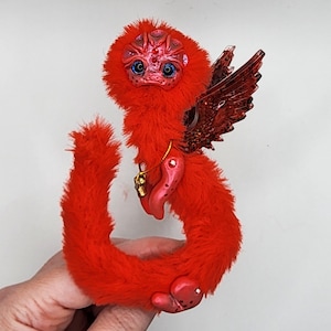 Handmade Red Dragon Miniature: Polymer Clay & Faux Fur Collectible