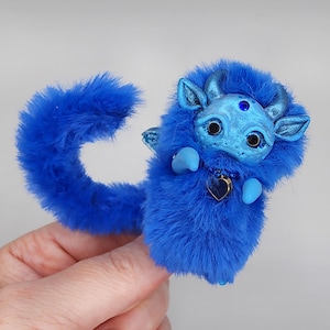 Handmade Blue Dragon, Fantasy Miniature Dragon, Polymer Clay Collectible Item with Faux Fur, Charming Gift for Dragon Lovers