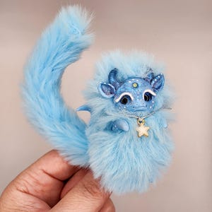 Handmade Blue Dragon, Fantasy Miniature Dragon, Polymer Clay Collectible Item with Faux Fur, Charming Gift for Dragon Lovers
