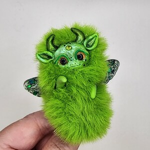 Handmade Green Dragon, Fantasy Miniature Dragon, Polymer Clay Collectible Item with Faux Fur, Charming Gift for Dragon Lovers