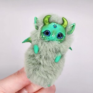 Handmade Green Dragon, Fantasy Miniature Dragon, Polymer Clay Collectible Item with Faux Fur, Charming Gift for Dragon Lovers