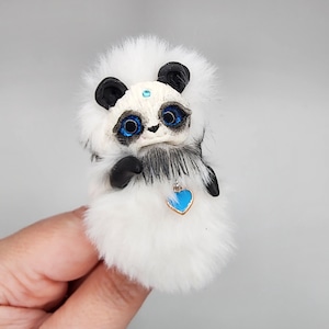 Handmade White Panda, Fantasy Miniature Panda, Polymer Clay Collectible Item with Faux Fur, Charming Gift for Panda Lovers