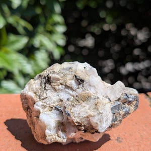 Può includere: Primo piano di un grezzo campione minerale naturale. La roccia presenta un mix di strutture cristalline bianche, grigie e nere. La superficie ha un aspetto strutturato, con visibili variazioni di colore e composizione. Il minerale è esposto su una superficie rosso-arancio.