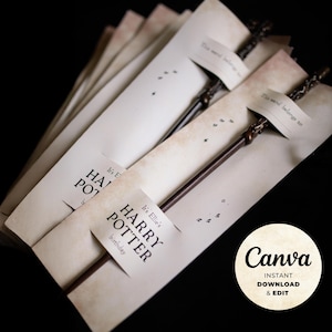 Pode incluir: Uma coleção de varinhas mágicas com o tema Harry Potter em embalagens em estilo pergaminho. Cada varinha está dentro de uma manga de papel com o texto "It's Ellie's Harry Potter birthday." As varinhas são castanhas escuras.