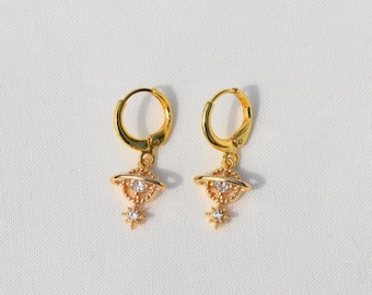 Pendientes de planeta celestial dorados / Pendientes estilo aro chapados en oro
