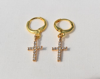 Pendientes de cruz de oro / Pendientes estilo aro chapados en oro
