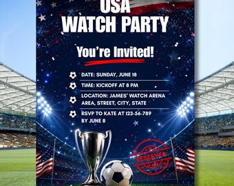Invitación para ver el partido de la selección de fútbol de EE. UU., invitación para el día del partido de la Copa Mundial 2026 (descarga editable en Canva)