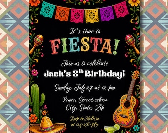 Invitación de cumpleaños con temática mexicana, plantilla de Canva, tarjeta de fiesta editable con diseño de papel picado (descarga digital).