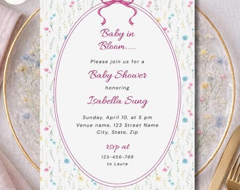 Invitación Baby in Bloom, Invitación Floral para Baby Shower, Invitación para Baby Shower con Flores Silvestres, Plantilla Editable de Canva