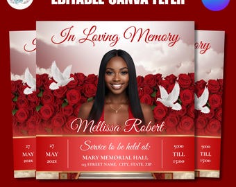 Folleto de anuncio de funeral con rosas rojas: Celebración de la vida. Plantilla de Canva (descarga digital, 1080x1080).