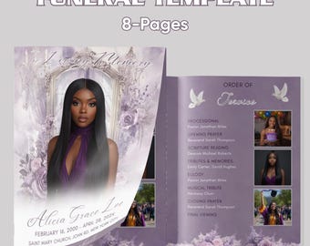 Plantilla de programa funerario Rosas Moradas, Memorial de 8 páginas, Celebración de la vida, Editable en Canva, Descarga instantánea