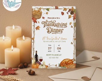 Plantilla editable de invitación para cena de Acción de Gracias / Invitación para cena de otoño con borde otoñal / Descarga digital imprimible