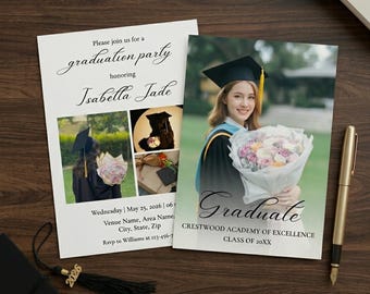 Invitación fotográfica moderna de graduación 2026, plantilla editable de Canva, tarjeta minimalista de anuncio de graduación para estudiantes de último año.