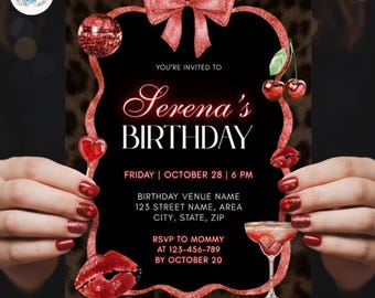 Invitación de cumpleaños con estampado de guepardo, invitación de fiesta con lazo rosa, plantilla editable de Canva.