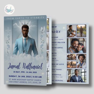 4-Page Funeral Program Template | 11&quot;x8.5&quot; Bi-fold Obituary Booklet | Light Blue Clouds Design | Canva Editable | Memorial Keepsake