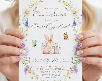 Invitación a la búsqueda de huevos de Pascua y brunch / Invitación floral primaveral con conejito y cruz religiosa / Plantilla editable de Canva