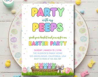 Invitación editable para la búsqueda de huevos de Pascua / Invitación para fiesta de conejitos de "Fiesta con mis amigos" / Plantilla imprimible de primavera