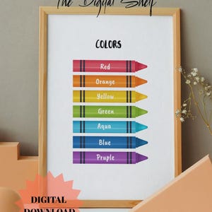 Póster de colores imprimible para niños / Cuadro de aprendizaje para preescolar y jardín de infantes / Arte mural educativo para el aula