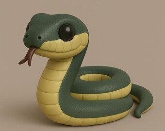 Pode incluir: Figura de cobra em estilo cartoon, renderizada em 3D. A cobra está enrolada, com um corpo verde e uma barriga amarela. Possui olhos grandes e pretos, uma língua bifurcada marrom e uma expressão amigável. O fundo é de cor neutra sólida.