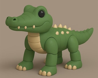 Pode incluir: Um brinquedo de jacaré verde com barriga e pés bege claro. O jacaré tem uma expressão amigável com olhos pretos e uma fileira de pequenas pontas bege claro ao longo das costas. O brinquedo é feito de um material liso.