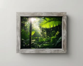 May include: A framed print featuring a lush rainforest scene. The image showcases vibrant green foliage, tall trees, and sunlight filtering through the canopy. The frame is made of weathered, light-colored wood, adding a rustic touch.
