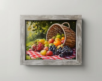 Rustic Cottagecore Fruit Basket Painting - Farmhouse Still Life, Printable Summer Art, Grapes, Peaches, Apples Picnic Decor Digital Art 30
