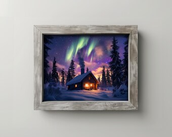 May include: A framed print of a winter scene featuring a cozy cabin with a lit window, surrounded by snow-covered trees. The sky displays the aurora borealis with green and purple hues. The frame is a light gray color.