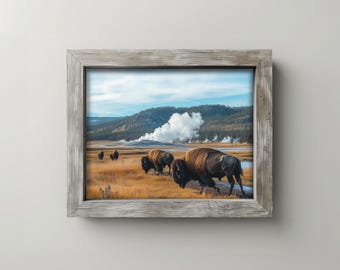 Rustic Bison Herd Wall Art, Moody Prairie Landscape, Western Wildlife Printable, Realistic Art with Geysers, Digital Download Decor 358