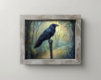 Moody Forest Raven Wall Art - Spooky Gothic Painting, Black Bird on Ornate Staff, Fantastical Printable Decor, Dark Digital Download 173
