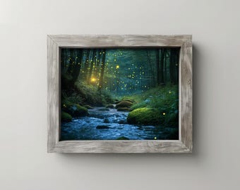 May include: A framed art print depicting a serene forest scene. A stream flows through the lush green landscape, with moss-covered rocks and tall trees. The artwork features a soft, dreamy quality with glowing lights, creating a magical atmosphere.