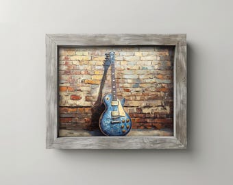 Vintage blå elgitarrkonst, stämningsfull rustik musikväggdekor, texturerad scenisk gitarrmålning, industriell utskrivbar, omedelbar nedladdning 15
