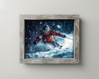 May include: A framed print of a skier in action on a snowy slope. The skier wears an orange jacket, black helmet, and goggles. The wooden frame has a weathered, gray finish. The image captures the skier's descent through fresh powder.