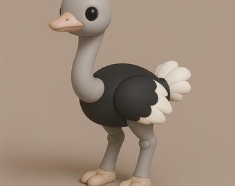 Pode incluir: Estatueta estilizada de avestruz com cabeça e pescoço cinzentos, corpo preto e penas da cauda brancas. O avestruz tem bico e pés bege e olhos grandes e pretos. A estatueta está sobre um fundo neutro.