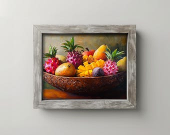 May include: A framed painting of a wooden bowl filled with various tropical fruits. The bowl contains mangoes, dragon fruit, and other colorful fruits. The painting has a rustic, warm color palette.