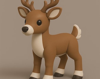 Pode incluir: Figura 3D de um veado com pelo castanho, detalhes brancos e olhos grandes e pretos. O veado tem chifres, barriga branca e cascos com pontas brancas. A cauda é branca com uma forma curva. Em fundo neutro.
