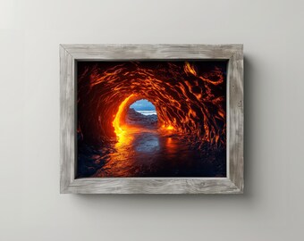May include: A framed print of a cave with a fiery orange glow emanating from the opening. The cave walls are dark and textured, with a path leading towards the light. The frame is made of weathered gray wood.