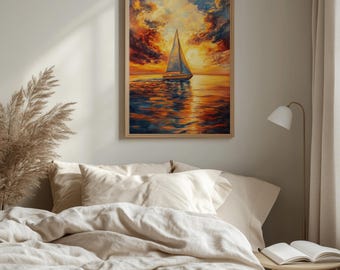 Afdrukbare zeilboot dramatische zonsondergang - humeurig kustlandschap, warme gouden nautische muurkunst, op Van Gogh geïnspireerd digitaal schilderij 244
