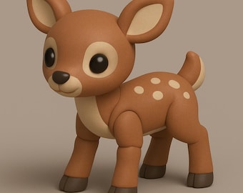 Pode incluir: Uma estatueta de veado marrom e bege com grandes olhos pretos e manchas brancas. O veado tem orelhas grandes e uma cauda pequena. A estatueta é uma representação de desenho animado de um veado.