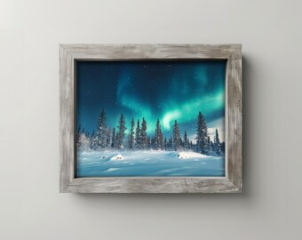 Moody Winter Northern Lights Over Snowy Forest - Printable Aurora Borealis, Evergreen Trees Scenic Photography, Instant Digital Download 474