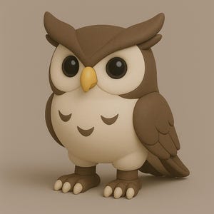 May include: A brown and cream-colored owl figurine with large black eyes and a yellow beak. The owl has a smiling expression and is standing upright. The figurine has a cartoonish design.