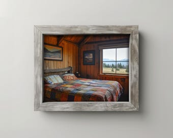 Lámina para dormitorio de cabaña: Arte rústico con colcha, decoración cottagecore (descarga digital)